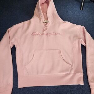 Vintage Champion Reverse Weave Hoodie Pink Floral Embroidered Script Logo W Med